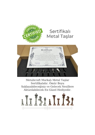 Mc54 - Metal Satranç Takımı - 25cm Mermer Desenli Satranç Tahtası - Sertifikalı Antik Metal Taşlar