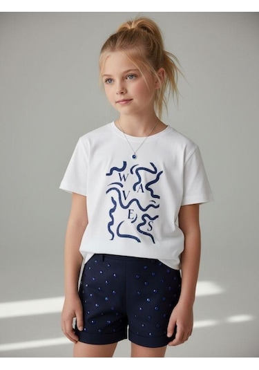 Zekids Kız Çocuk Soyut Baskılı Basic T-shirt-16972 Renkli