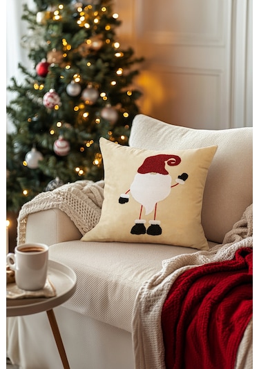 Charm Noel Baba Punch İşleme Bej Kırlent 43x43 35251a Bej
