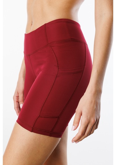 Yüksek Bel Toparlayıcı Çift Cepli Biker Şort Kısa Spor Tayt Kısa-tayt Bordo