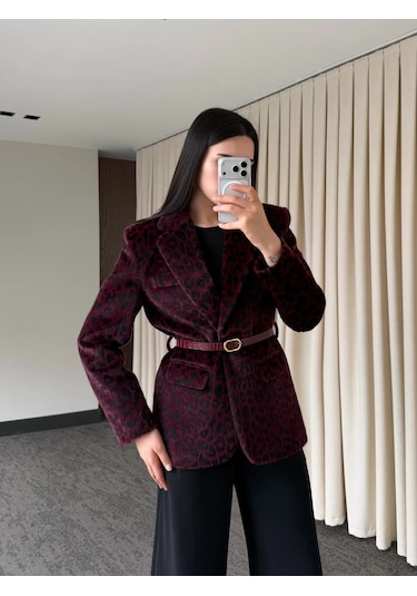 Laluvia Bordo Leopar Kemerli Ceket - 9614 Bordo