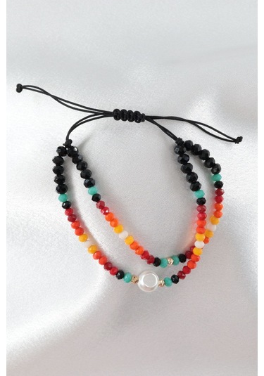 2li İncili Asansörlü Kombin Bileklik. Boncuk Bileklik, İp Bileklik, Halhal Bileklik. Kadın Bileklik. Çok Renkli