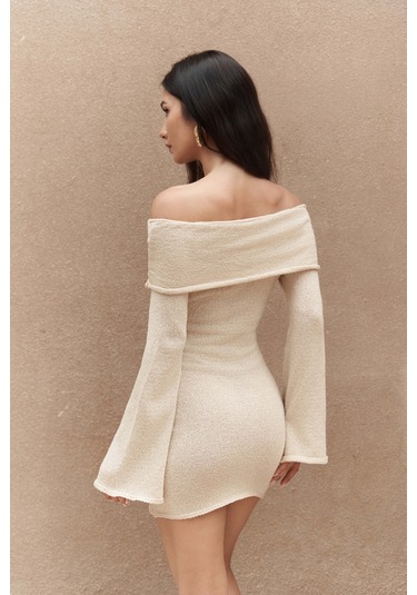 Kirana Carmen Yaka Bej Mini Triko Elbise Bej