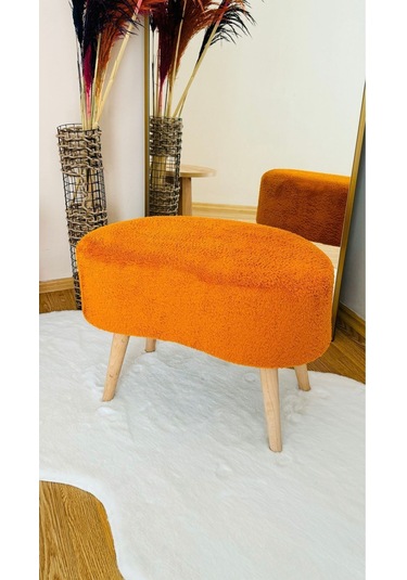Fasulye Model Ahşap Ayaklı Teddy Kumaş Dekoratif Puf Bench Tarçın