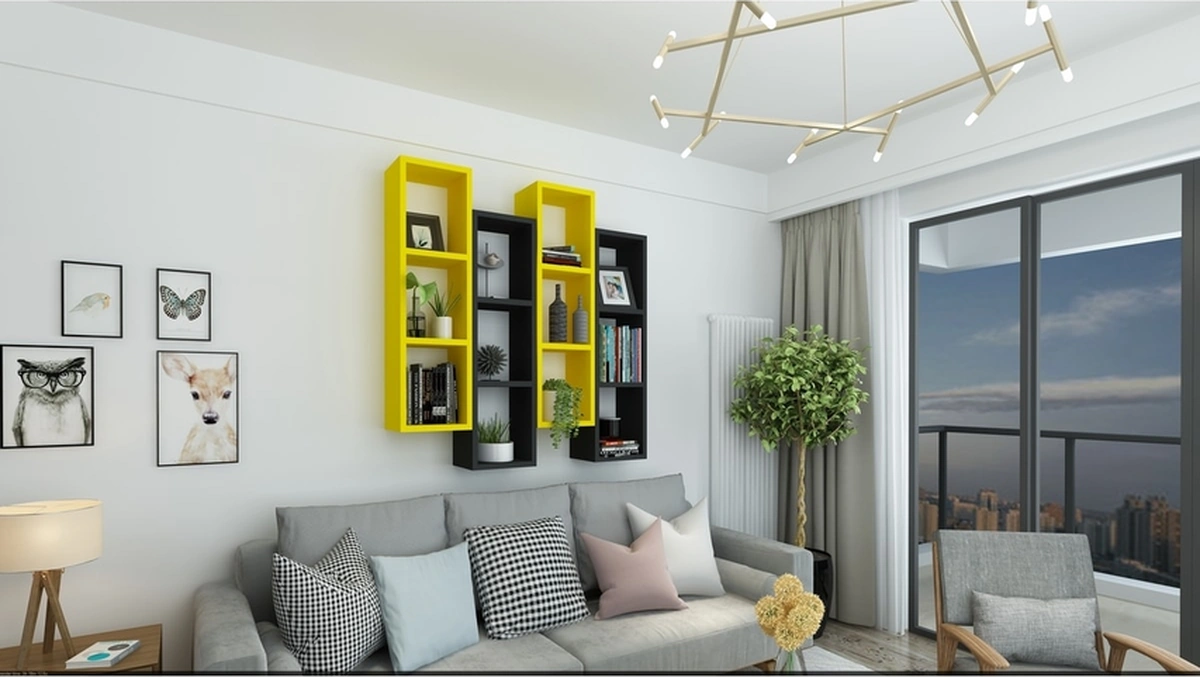 Kitaplık Modern Ev Duvar Rafı Sarı Siyah 4 Lü Takım Sarı Siyah