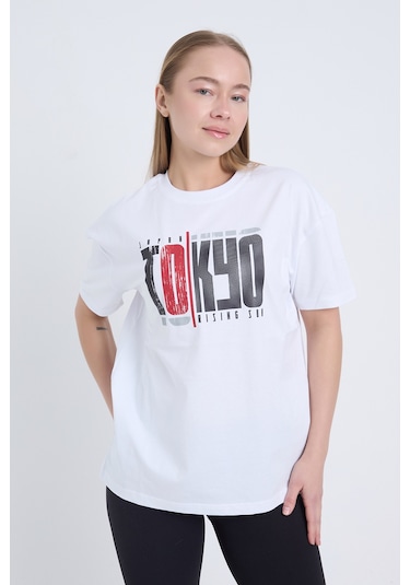 Velvoria Unisex Oversize Beyaz Tokyo Desenli T-shırt