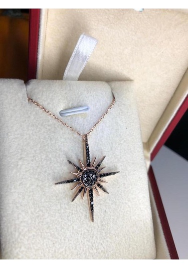 Kuzey Yıldızı Kutup Yıldızı Motifli Siyah Oniks Taşlı Gümüş Işıklı Kutuda Sevgiliye Eşe Kolye