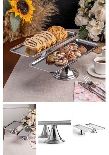 2'li Gümüş Dikdörtgen, Ayaklı Şık Kek, Pasta, Kurabiye Ve Tatlı Servis Sunum Standı Gümüş