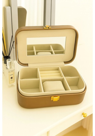 Deri Seyahat Takı Bijuteri Mücevher Kutusu Organizer Düzenleyici 20cm Bronz İthal Ürün