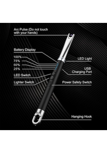 Elmpaly Usb Şarjlı Rüzgara Dayanıklı Elektrikli Çakmak - Led Aydınlatmalı, Pil Göstergeli, Kamp & Barbekü İçin Siyah Siyah