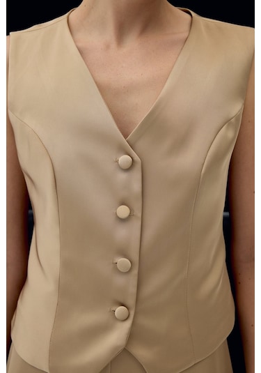 Sateen Klasik Düz Yelek - Camel-137031 CAMEL