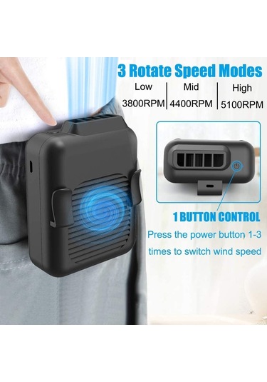 Soulader Kolye Şeklinde Taşınabilir Kişisel Fan, 6000mah Bataryalı Uzun Ömürlü Bel Klipsli Mini Fan, 23 Saat Kesintisiz Serinlik