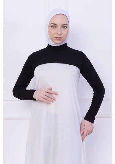 Balıkçı Yaka Boyunluklu Kolluk Siyah - Likralı Dik Yakalı Kadın Body Tesettür Crop Bolero Siyah
