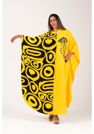 Kadın Sarı Sıfır Yaka Desen Garnili Nakışlı Cepli Oversize Uzun Elbise - Sarı