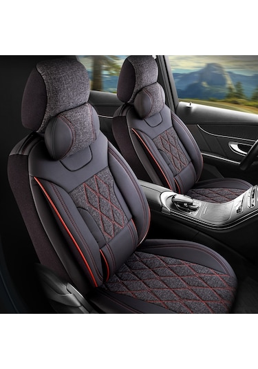 Panda Marmaris Serisi Keten Kumaş Oto Koltuk Kılıfı - Siyah - Kırmızı