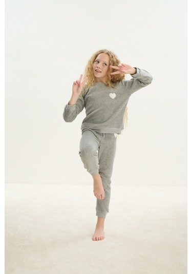Kız Çocuk Uzun Kol Polar Gri Melanj Pijama Takım C0t5n7o8 001