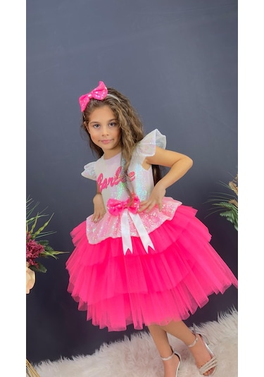 Barbie Beyaz Taçlı Kız Çocuk Doğum Günü Parti Elbisesi Abiye - Beyaz