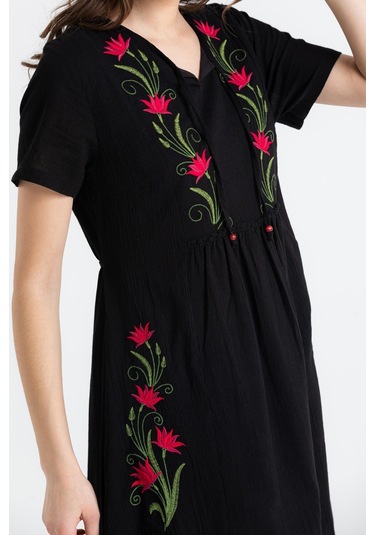 Kısa Kol Şile Bezi Lalezar Nakışlı Midi Boy Elbise Siyah Syh-siyah Siyah