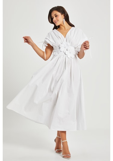 Kadın Bel Detaylı Kısa Kollu Elbise Çiçek Aplikeli, Büzgü Ve Bağcık Detaylı, %100 Pamuk Beyaz