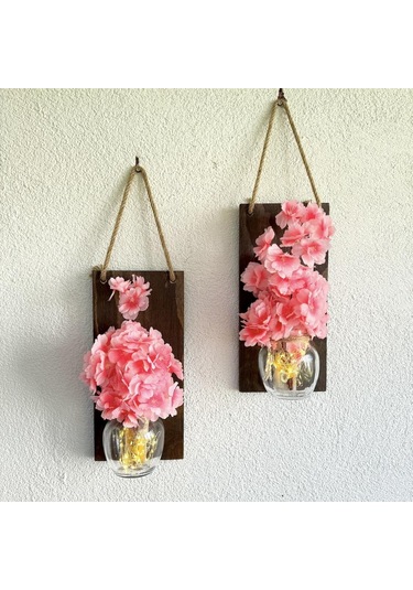 Led Işıklı, Pembe Bahardalı Çiçekli Duvar Dekoru Ceviz İkili Set Ceviz