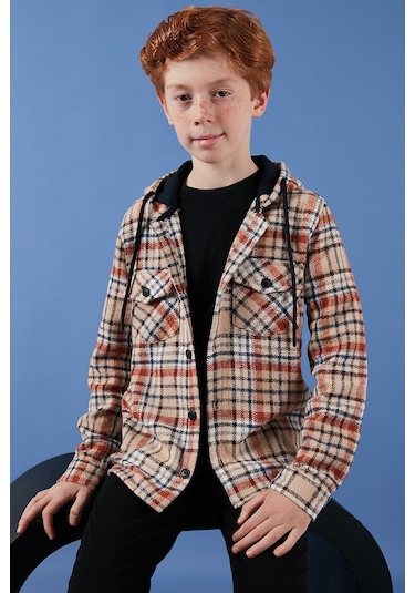 Lela Kapüşonlu Çift Cepli Ekoseli Kışlık Oduncu Erkek Çocuk Gömlek Cf24W81778 Bej-Taba