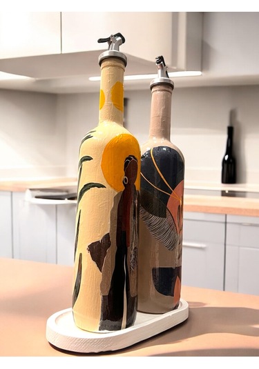 El Yapımı Dekoratif Yağdanlık, Afro Kadın Ve Tropikal Yaprak Desenli Zeytinyağı, Sirkelik, Sosluk Se Barok