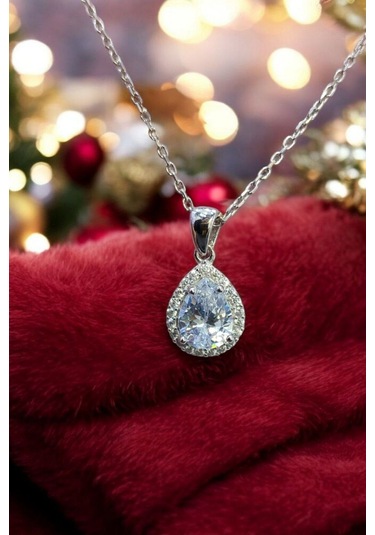 Modagümüşevi 925 Ayar Gümüş Pırlanta Tasarım Damla Kolye, Gümüş Kadın Kolye, Gümüş Kolye