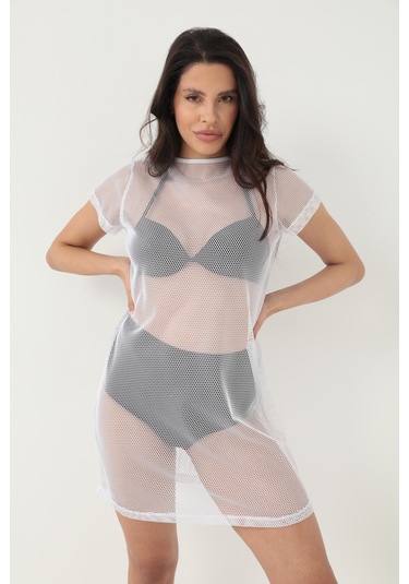 By Papi Kısa Kollu File Elbise Beyaz