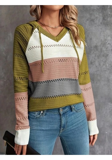 Kadın Uzun Kollu V Yakalı Bağcıklı Kapşonlu Triko Bluz Pembe