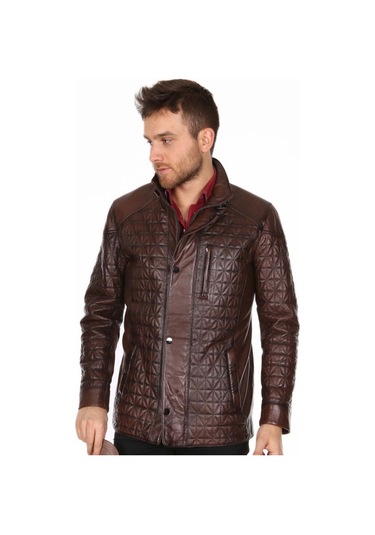 Hakiki Deri Kahverengi Neymar Işlemeli Erkek Deri Ceket Kahve