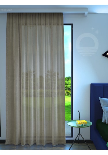 Hasır Rengi Keten Görünümlü Ekstraforlu Tül Perde Linen Touch Serisi Hasır Rengi