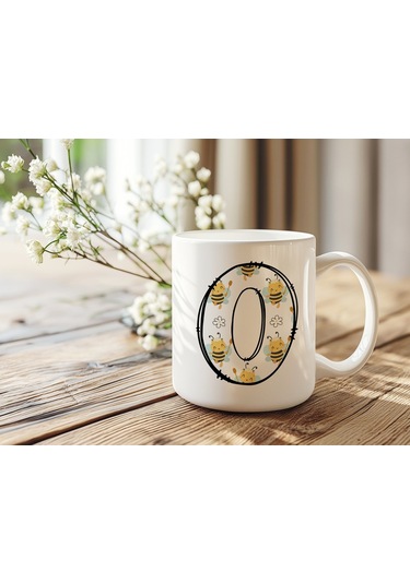 O Harfi Arı Desenli Kupa - Sevimli Hayvan Temalı Kişiye Özel Kahve Kupası - Şans Kupası Beyaz