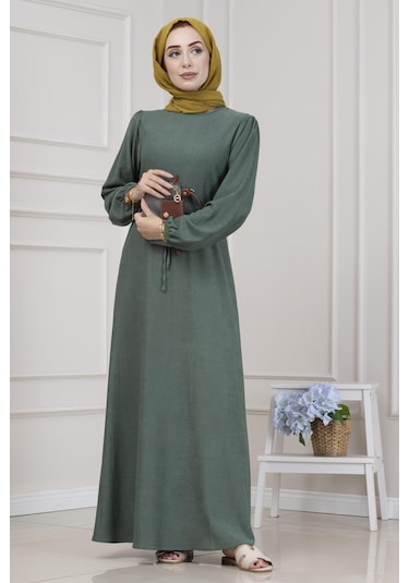 Beli Tünelli Fitilli Aslı Elbise-yeşil-5468 Yeşil