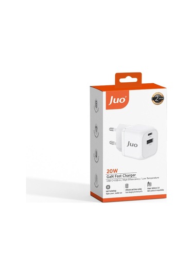 Juo 20W GaN USB-C + USB-A Şarj Aleti iPhone & iPad & Android Uyumlu PD QC4.0 Type-C Hızlı Şarj Cihazı Beyaz
