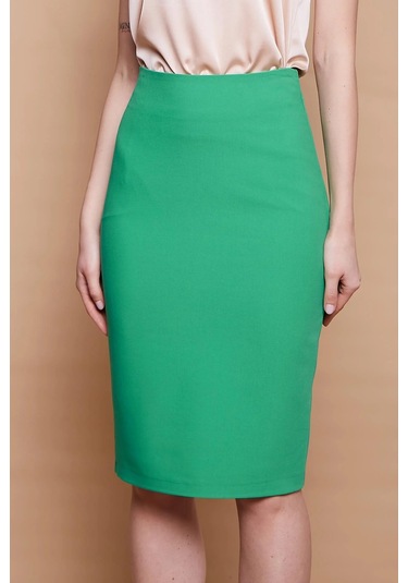 Astarlı Yüksek Bel Diz Altı Hafif Likralı Yırtmaçlı Kumaş Ofis Kalem Etek-b.yeşil B.yeşili