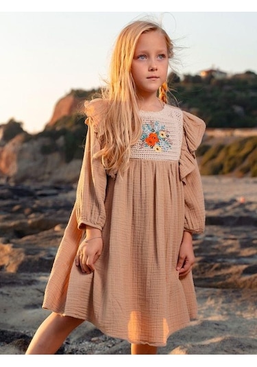 Kız Çocuk Pamuklu Çiçek Dantelli Turvakar Kol Elbise-12661-camel Camel