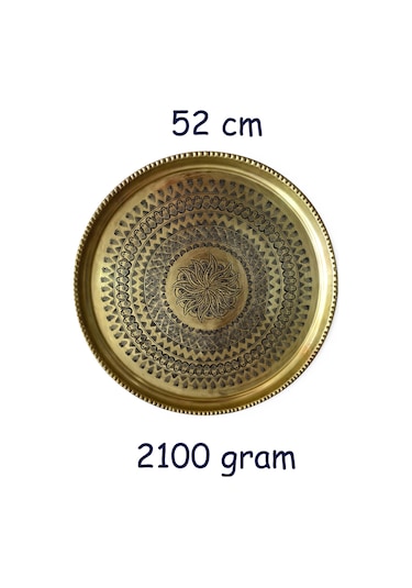 52 Cm El İşlemeli Otantik Desenli Kalın Urfa Pirinç Tepsi - Pirinç-tps453 Antik Bakır