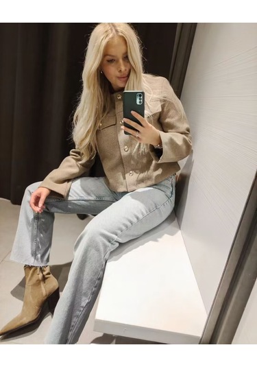 Sonbahar Ve Kış Kadın Kısa Hırka Ceketi Haki