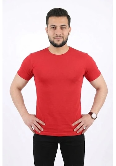 Defymoda Erkek Basic Tişört Bisiklet Yaka Kısa Kol Günlük Yazlık Slim Fit T-shirt - Kırmızı