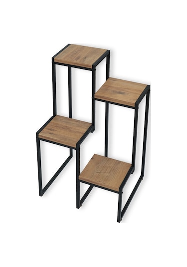 Metal Saksılık 4 Ahşap Raflı Dekoratif Saksı Standı Garden Çam