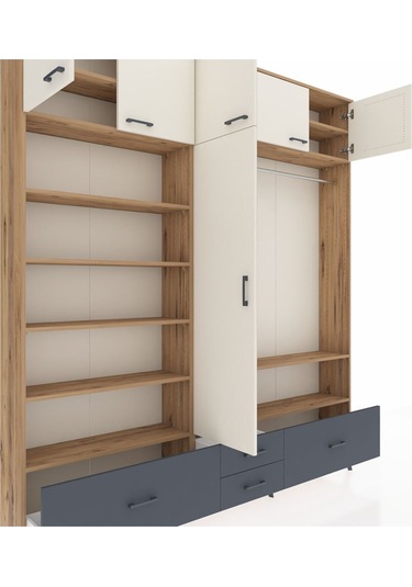 Arges Dolap 18 Raflı 4 Çekmeceli Tek Askılı 220x30x243 Çam-aytaşı/antrasit Aytası/antrasıt