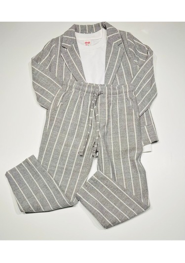 Ceketli 3 Lü Erkek Çocuk Takım Elbise Keten Pamuklu Ceket Pantalon Tişört Gri