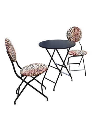 Katlanabilir Leopar Desenli Siyah Metal Masa Ve Sandalye Takımı -