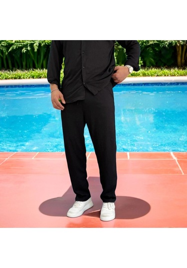 Erkek Bürümcük Krinkıl Kumaş Yazlık Likralı Apaj Yakalı Gömlek Ve Eşofman Takım Kombini Siyah