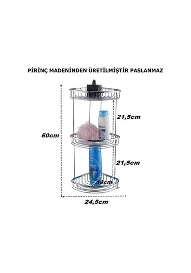Geseus Pirinç Banyo Köşelik Şampuanlık Duş Rafı Üç Katlı Ömür Boy Çok Renkli