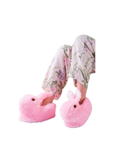 Peluş Tavşan Figürlü Kaymaz Ve Ses Yapmaz Ev Panduf Pembe-pembe Pembe