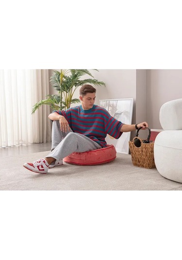 Çok Amaçlı Puantiyeli Keten Yer Bahçe Minderi Fermuarlı İç Dolgulu Yıkanabilir 60x66 Kırmızı