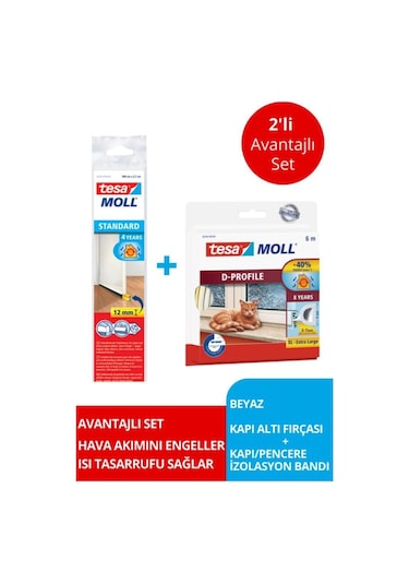 Tesamoll D-profil Kapı Pencere İzolasyon Bandı, 6mx9mmx7mm, Beyaz + Kapı Altı Hava Akımı Önleyici Fırça, 1mx37mm