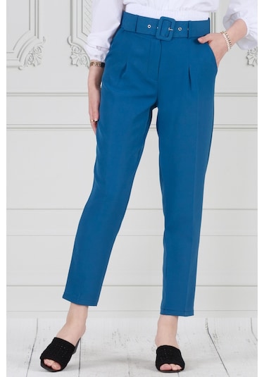 Sevitli Beli Kemerli Pileli Kalem Pantolon-mavi-3681-mavi Mavi