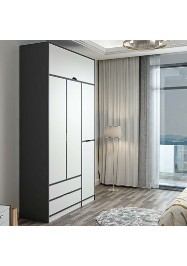 Elina 3 Kapaklı Dolap + Yüklük - Antrasit/beyaz Çok Renkli